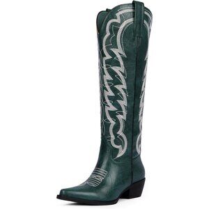 Women Green Embroidered Fabric Cowboy Pull on Western Knee High Boots